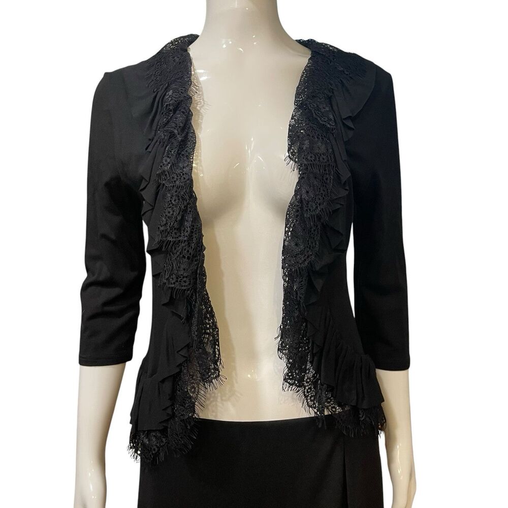 Etoile Women's Black Ruffle Lace Fringe Cover Up Cocktail Cardigan 3/4 Sleeve S